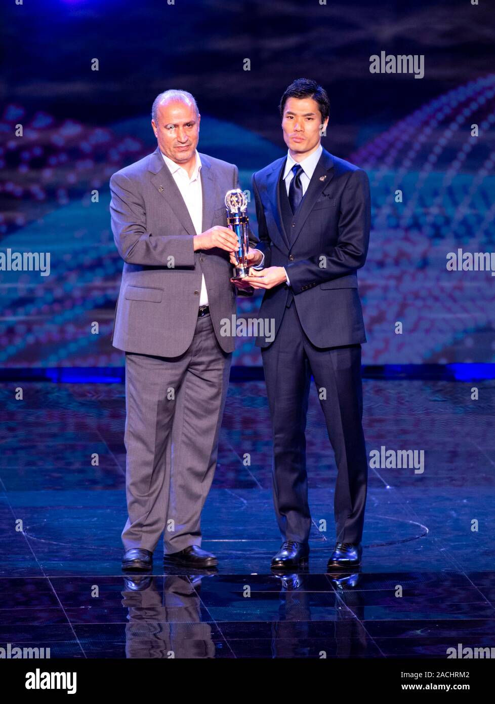 HONG KONG,HONG KONG SAR,CHINA: DECEMBER 2,2019. 2019 AFC Annual Awards HKCEC Hong Kong. AFC Futsal Player of the Year,Tomoki Yoshikawa (R) of Japan is Stock Photo