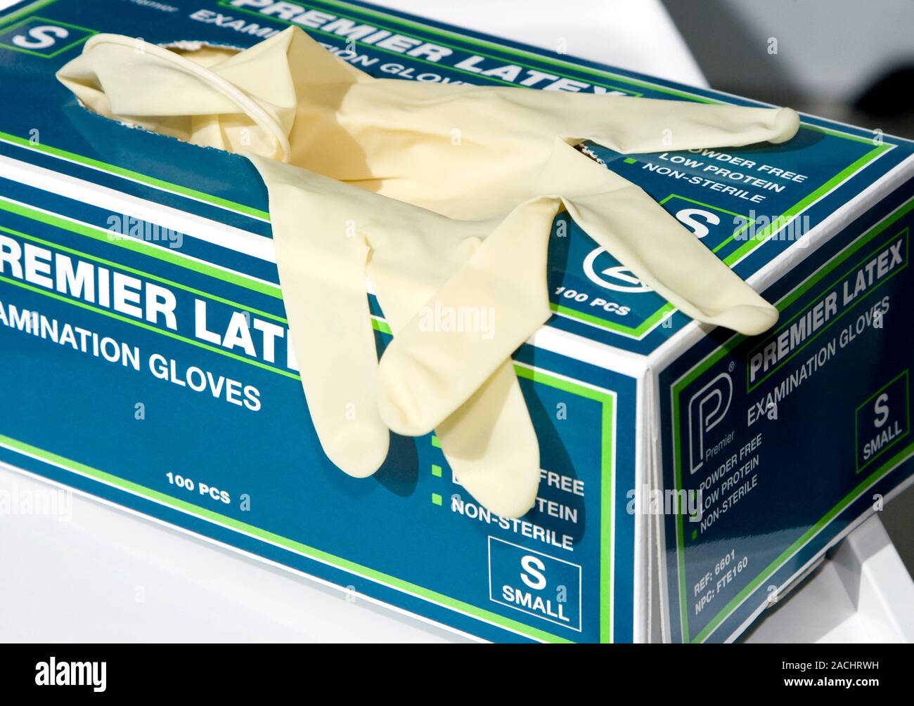 This is a real situation. Image not to be used in a defamatory context. Hospital gloves. Box of