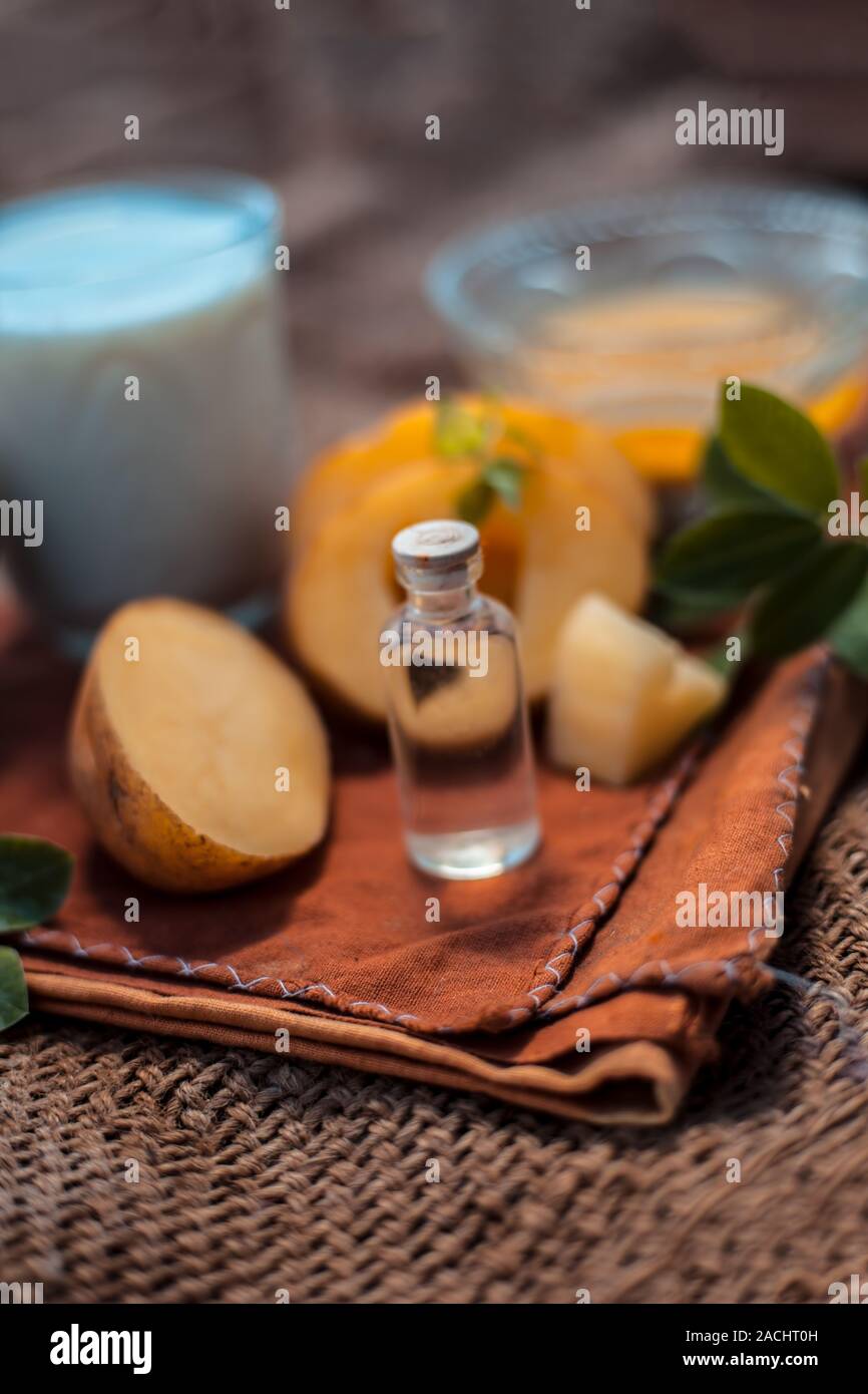 Potato face mask for wrinkles on jute bags surface i.e. potato juice well mixed with glycerin