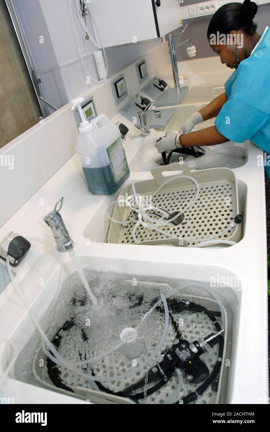 Endoscopy. Hospital worker cleaning and sterilising endoscopy equipment
