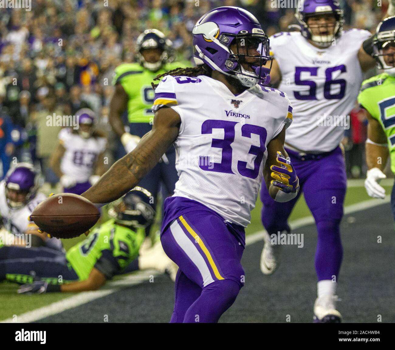 Seattle, United States. 02nd Dec, 2019. Minnesota Vikings running back Dalvin Cook (33) scores a 2 yard touchdown during the first quarter against the Seattle Seahawks at CenturyLink Field in a Monday Night Football game on December 2, 2019 in Seattle, Washington. Photo by Jim Bryant/UPI Credit: UPI/Alamy Live News Stock Photo