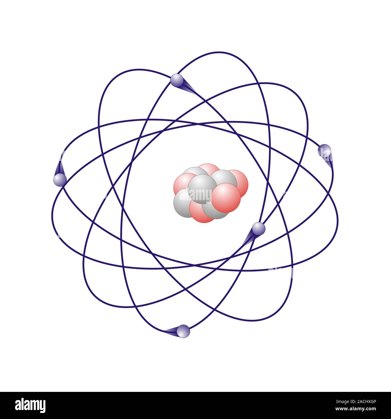 Boron, atomic model. Boron has six neutrons (white) and five protons