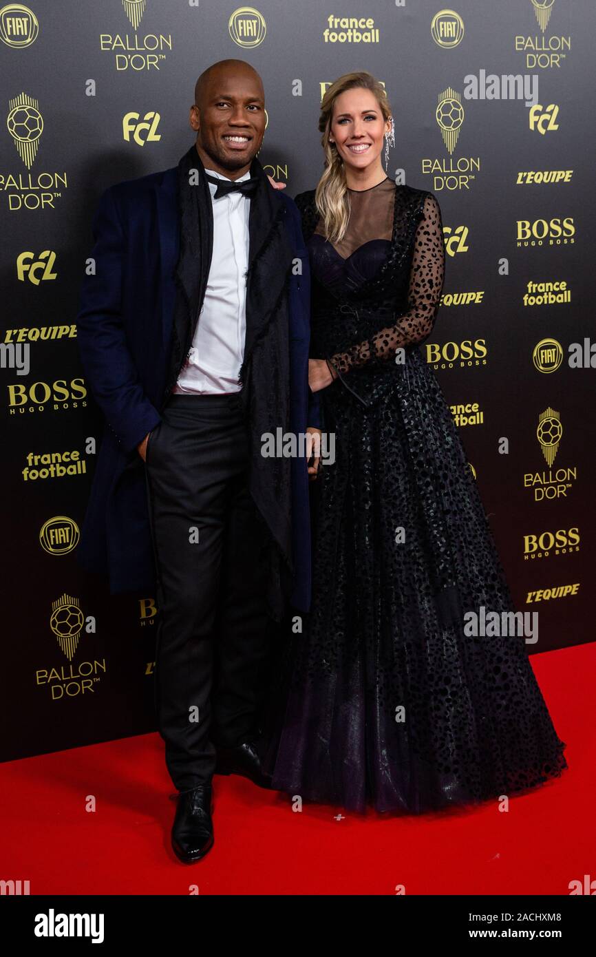 paris france 2nd dec 2019 hosts sandy heribert r and didier drogba arrive to attend the ballon d or 2019 awards ceremony at the theatre du chatelet in paris france dec 2 2019