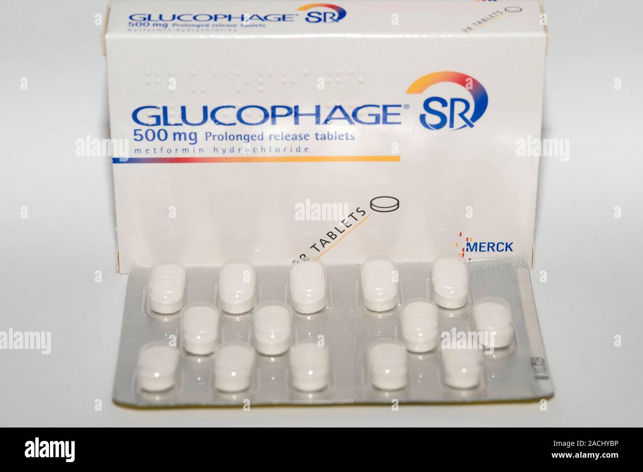 Tablets of Glucophage SR (metformin) 500g slow release diabetes drug in a bubble pack. Metformin hydrochloride is an oral drug used to help control bl Stock Photo