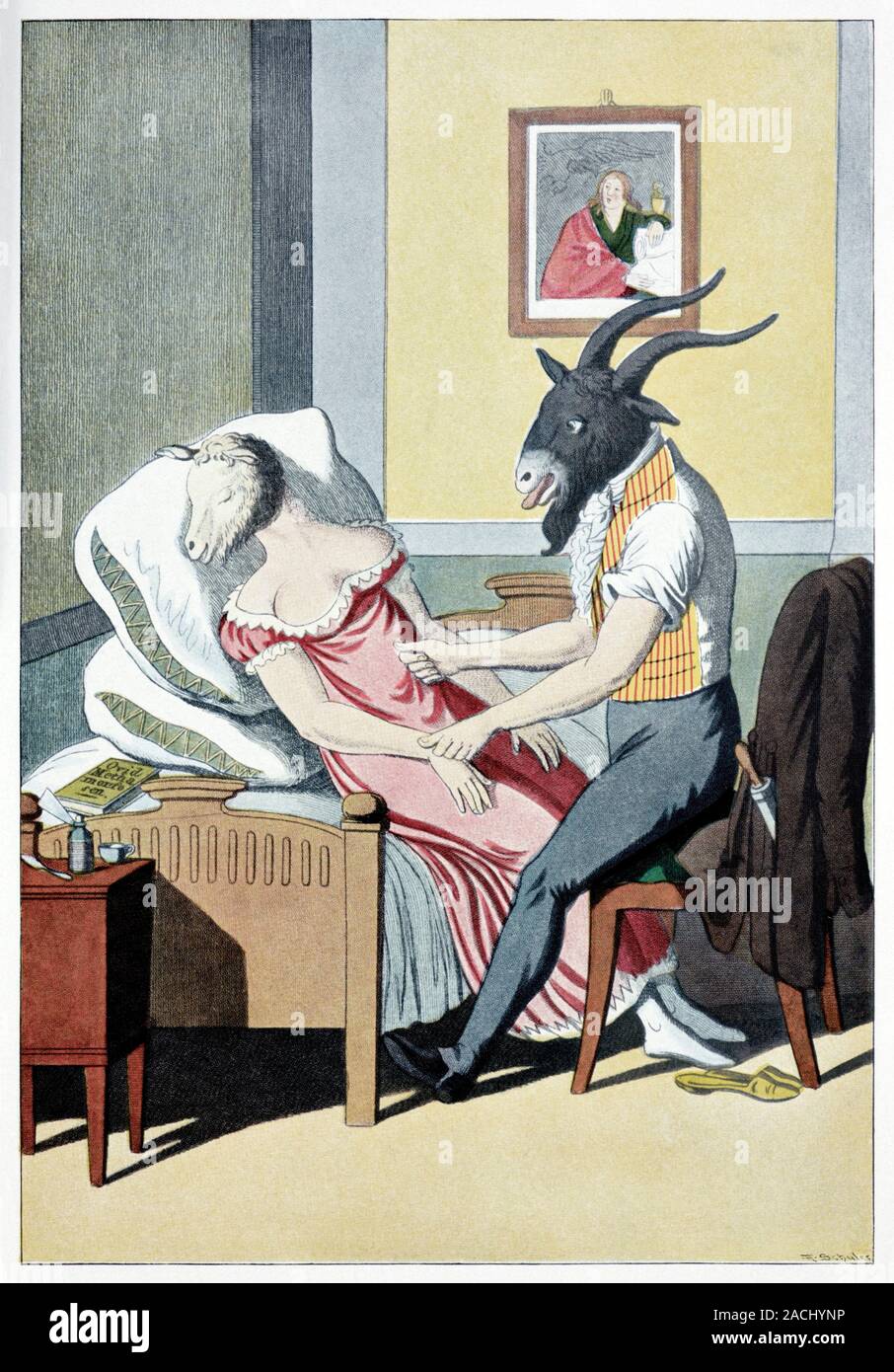 Animal magnetism. Satirical artwork depicting a patient and animal magnetism practitioner with animal heads. Animal magnetism was developed by the Ger Stock Photo