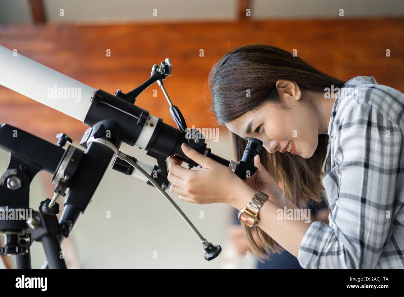 Watching stars through telescope discovery hires stock photography and