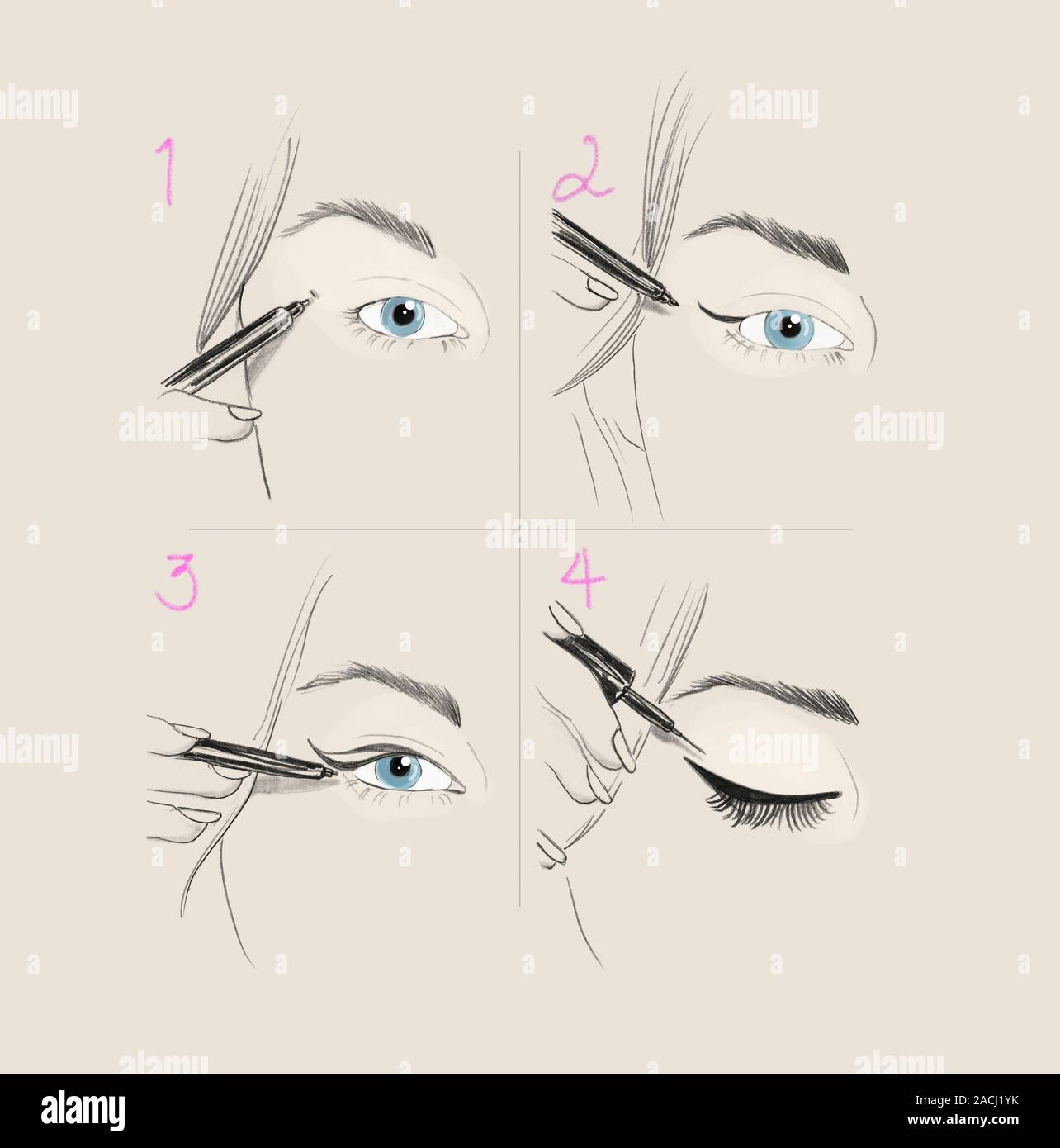Sequence of instructions for applying eye liner Stock Photo