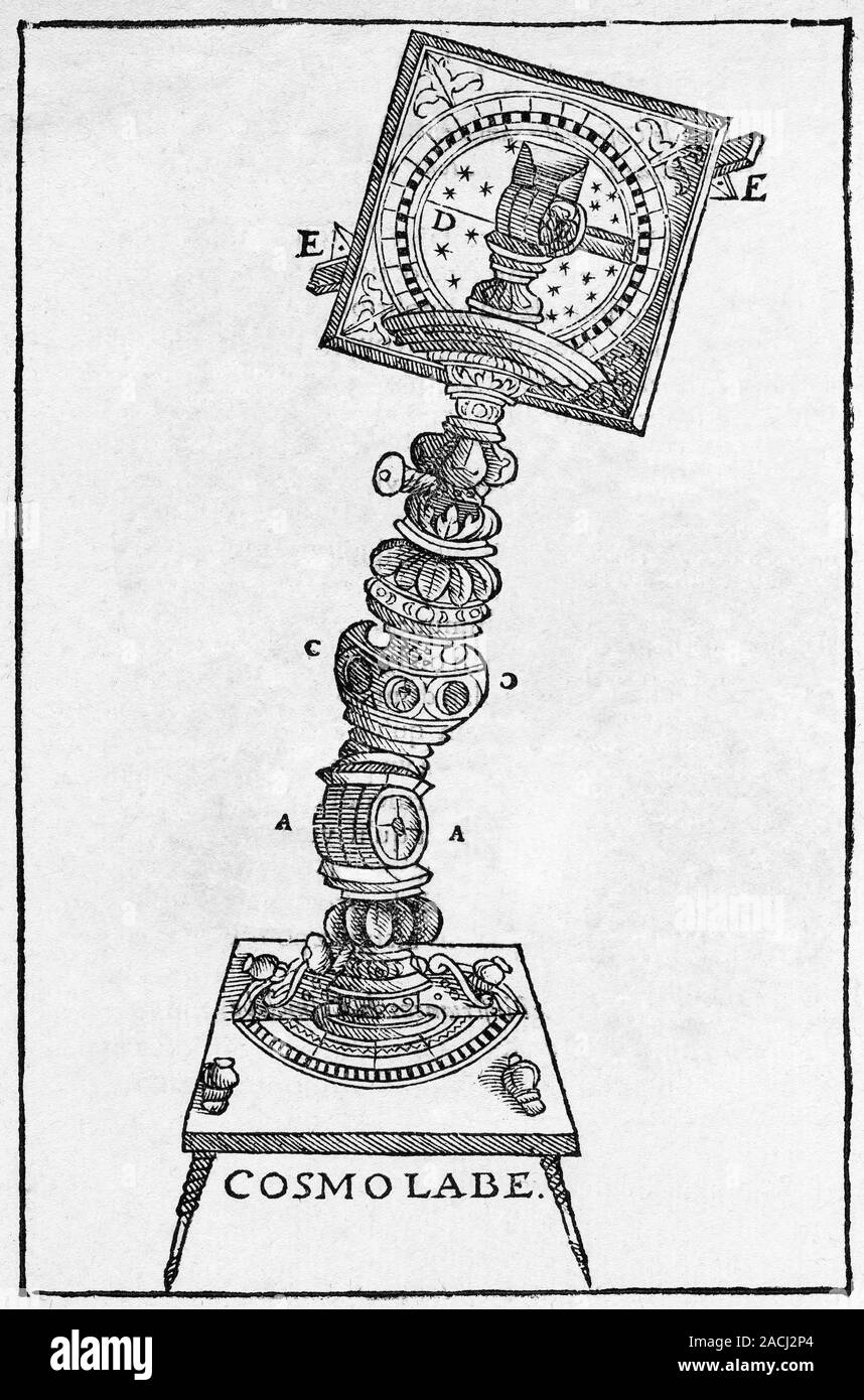 Cosmolabe. 16th century woodcut illustration showing a cosmolabe. A ...