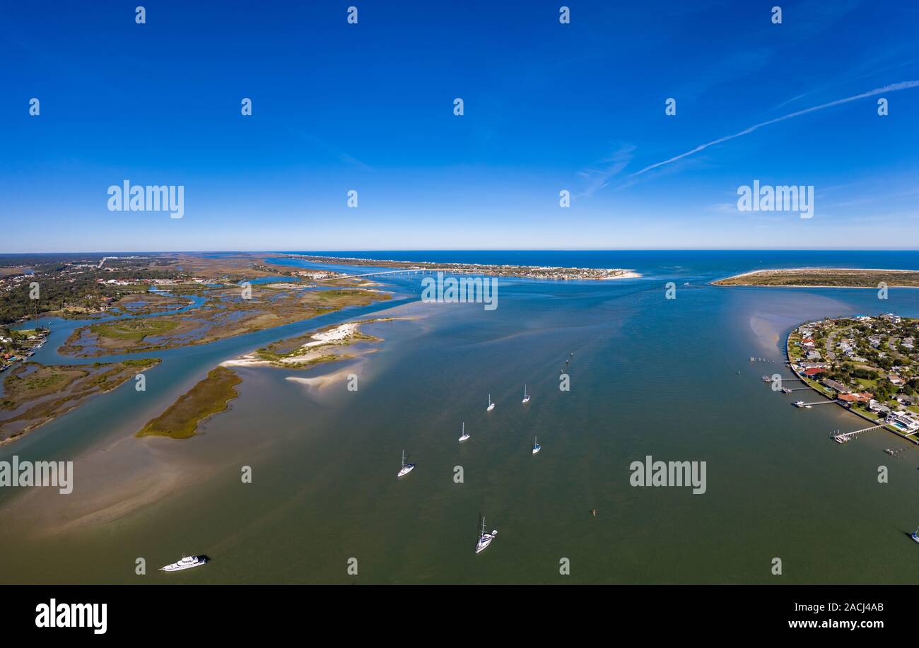 Aerial panorama of boats entering Saint Augustine Inlet in Saint