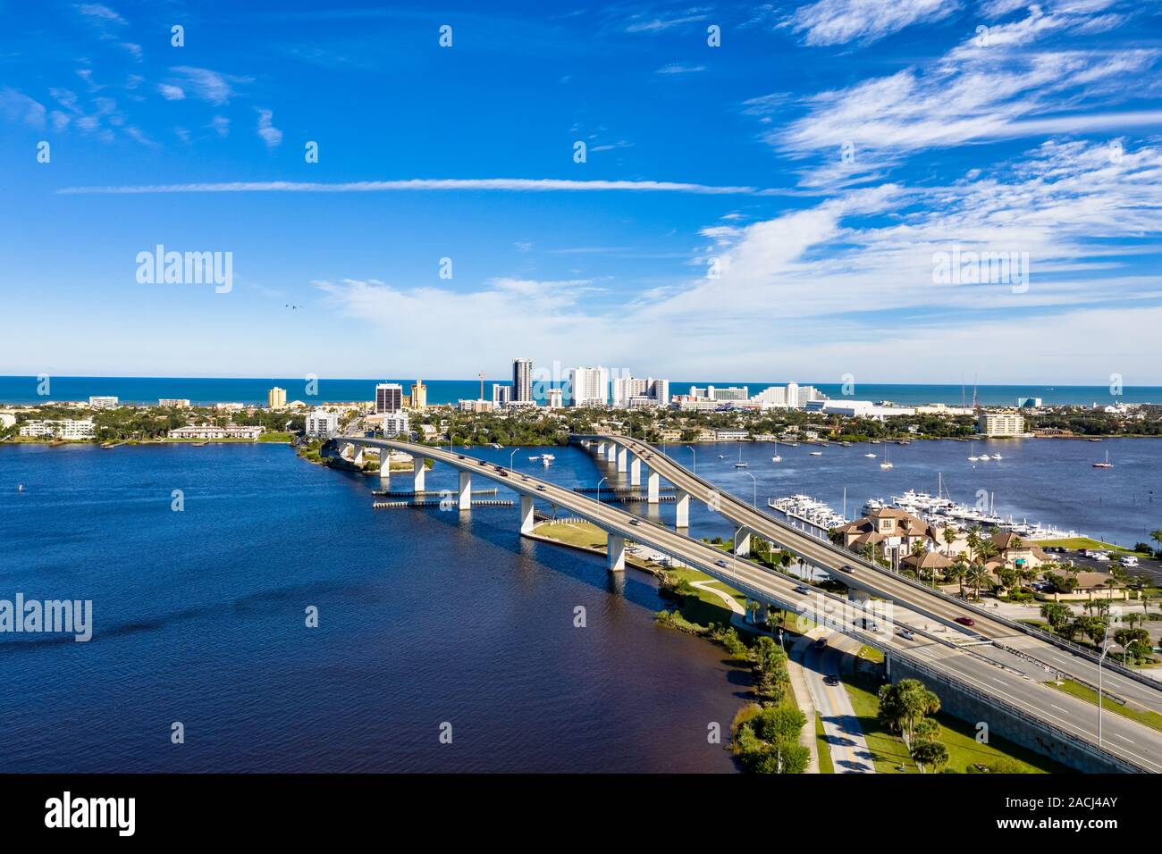 Aerial view Daytona Beach and split bridges crossing the Halifax River Stock Photo