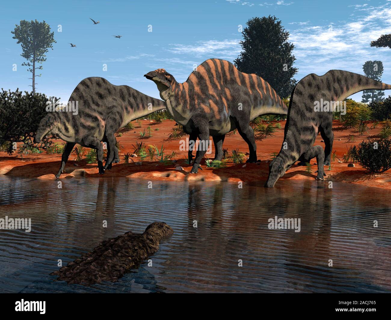 Prehistoric watering hole. Computer artwork of three Ouranosaurus