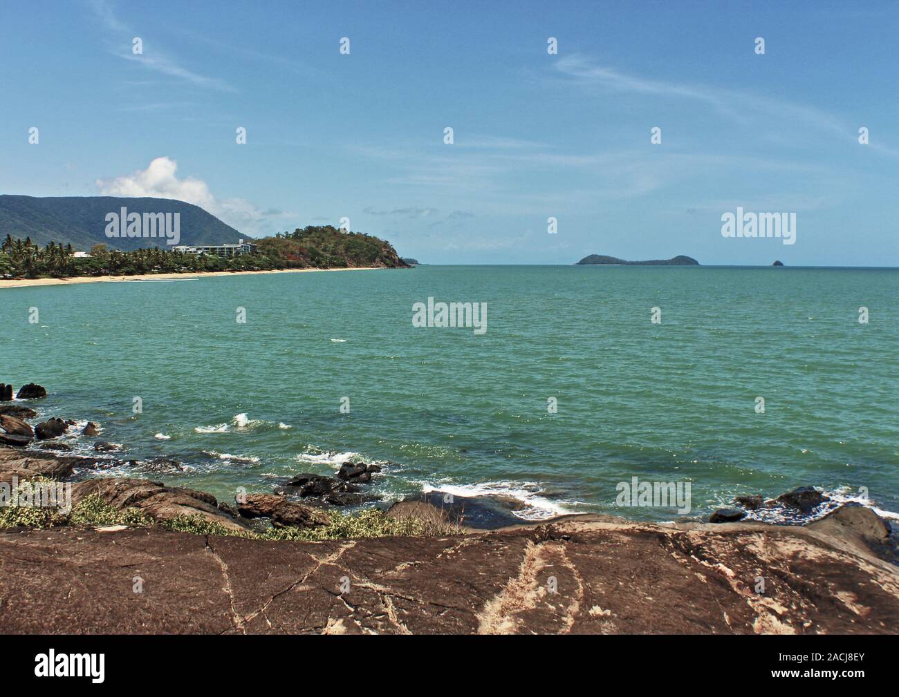 Trinity Beach view then north to Double Island on the Haycock Reef just off Palm Cove above Cairns Queensland Australia Stock Photo