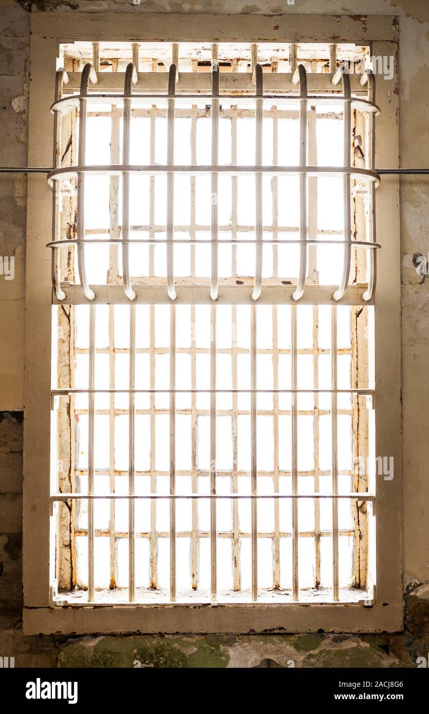 A window in Alcatraz Prison, a National Historical Landmark in San Fransisco Bay, California, USA. Stock Photo
