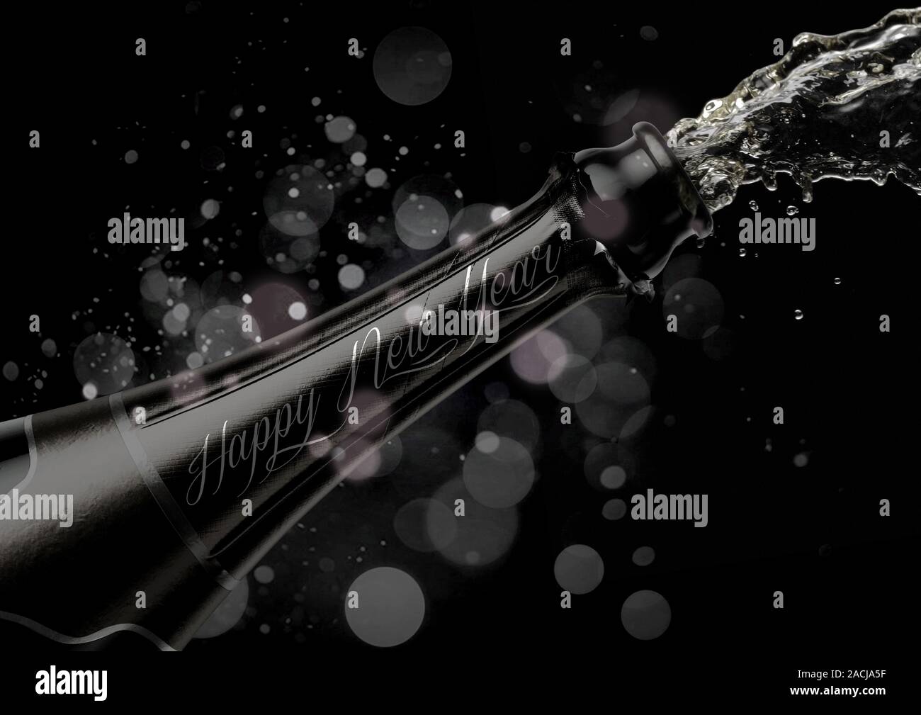 An opening bottle of champagne with the words happy new year and liquid pouring out on a glitsy bokeh background- 3D render Stock Photo