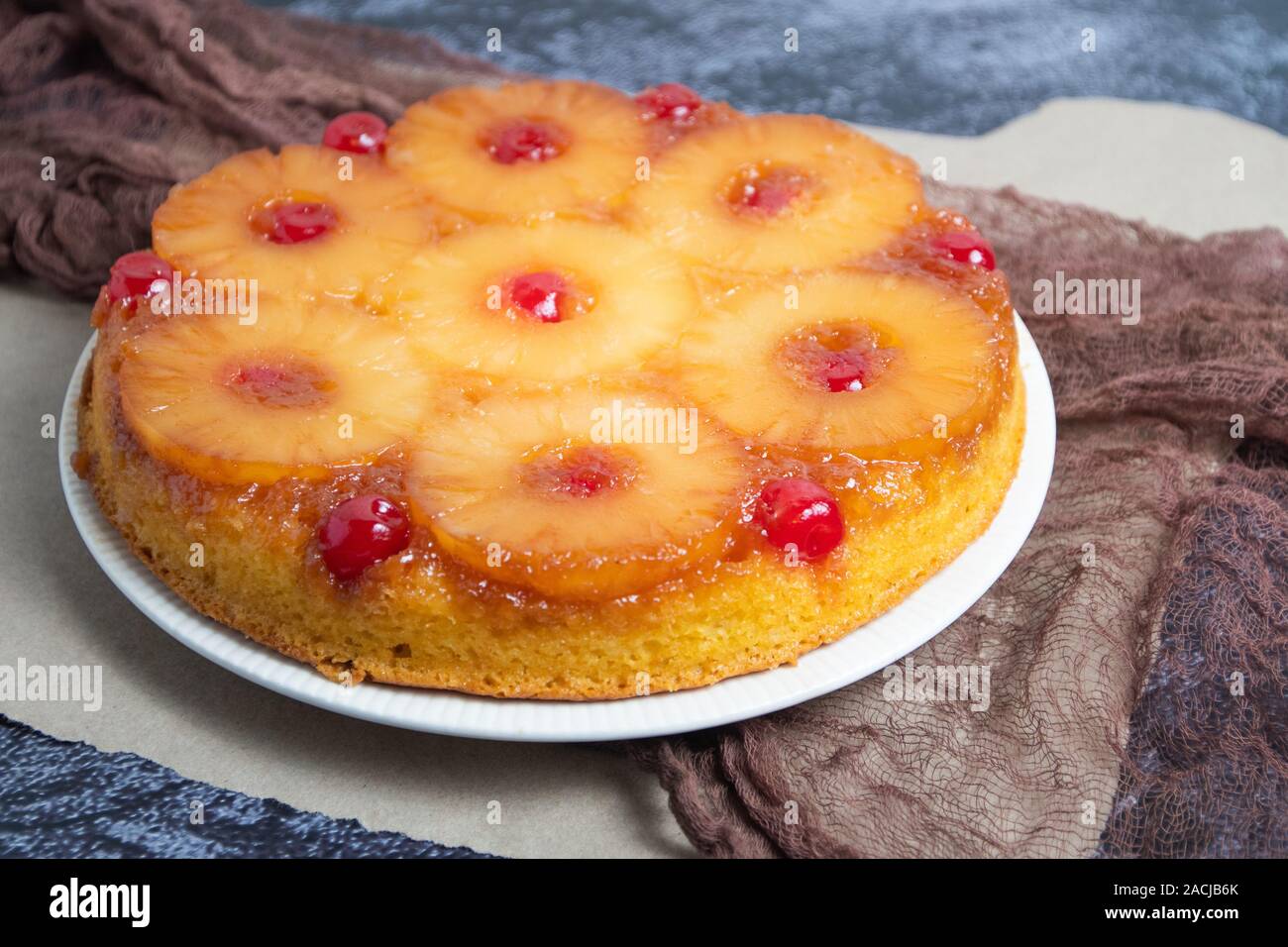 Upside Down Pineapple Cake With Cherries Stock Photo Alamy