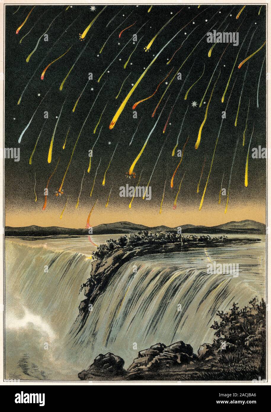 Leonid meteor shower of 1833. Historical artwork of the spectacular
