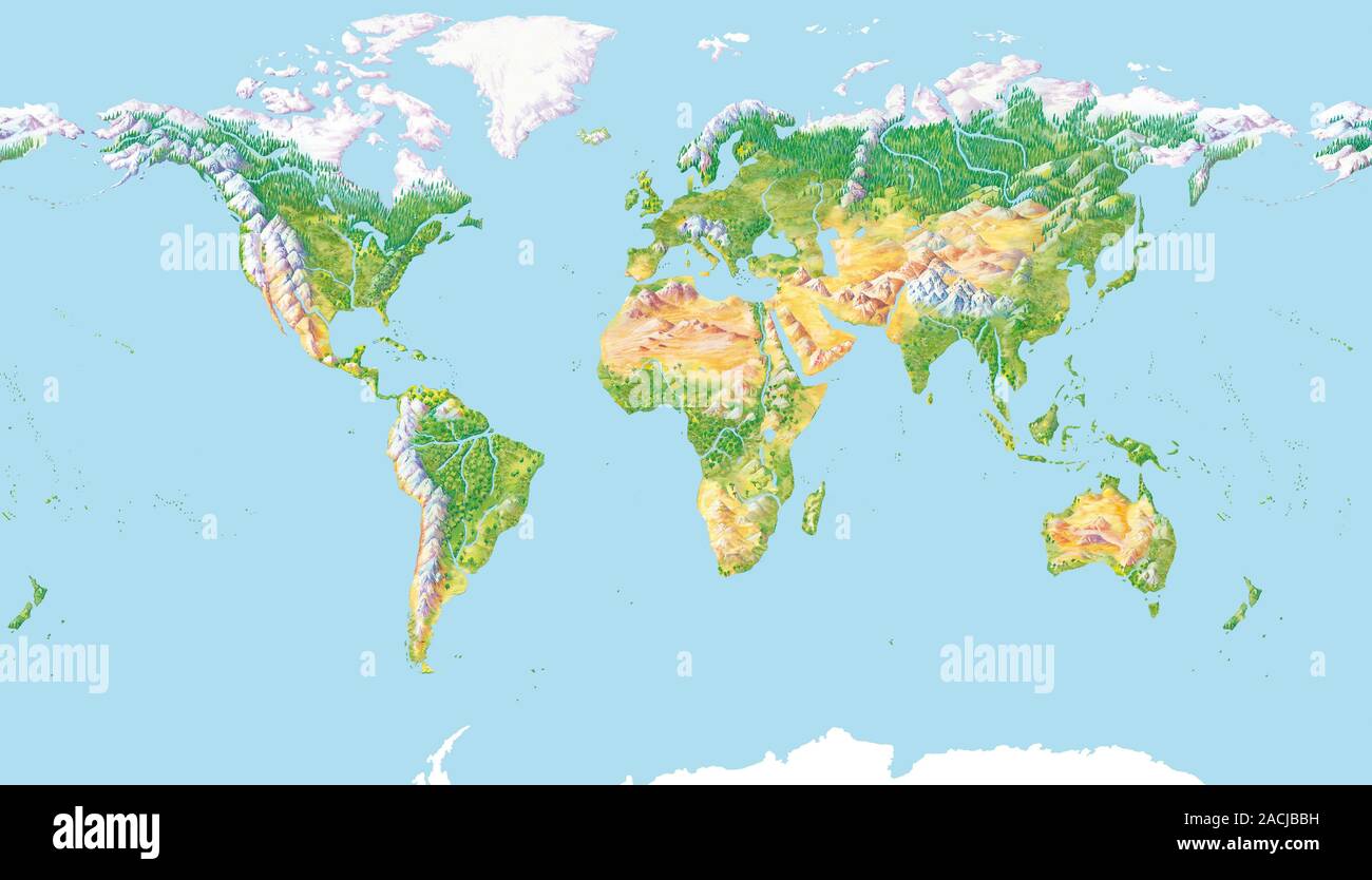 World land cover, global map. This cylindrical map projection of the