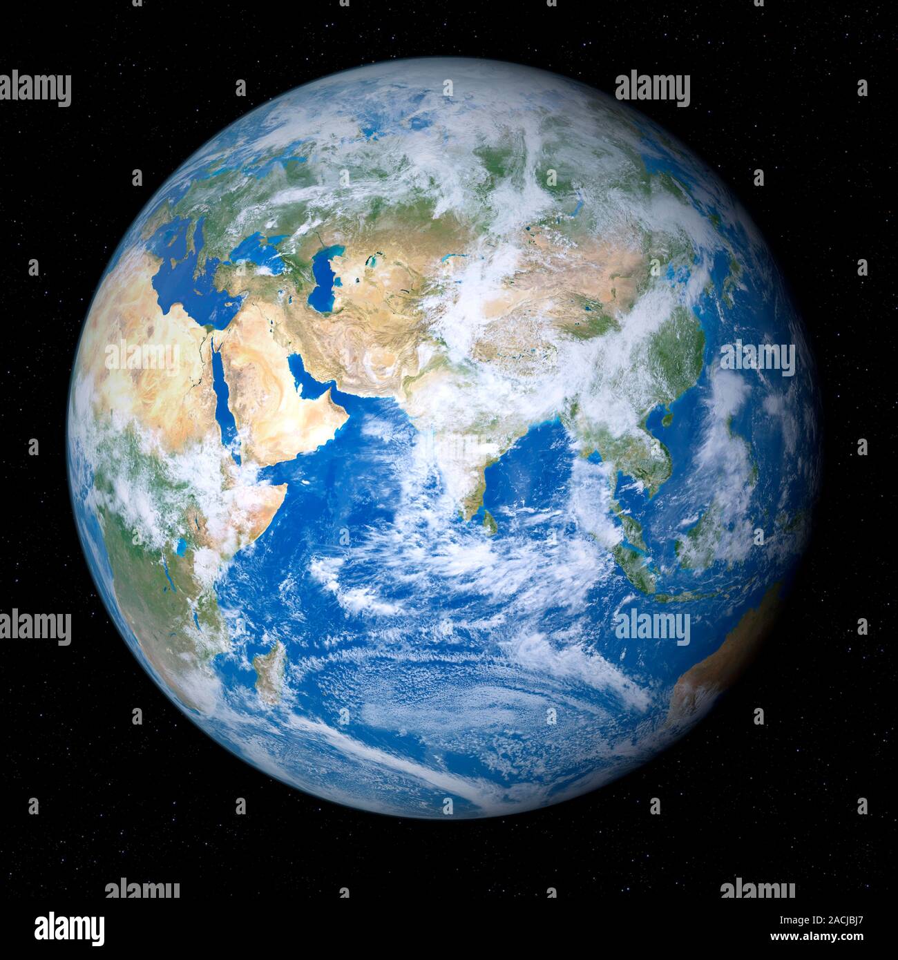 Earth from space, artwork. View of the Earth centred on 75 degrees East ...