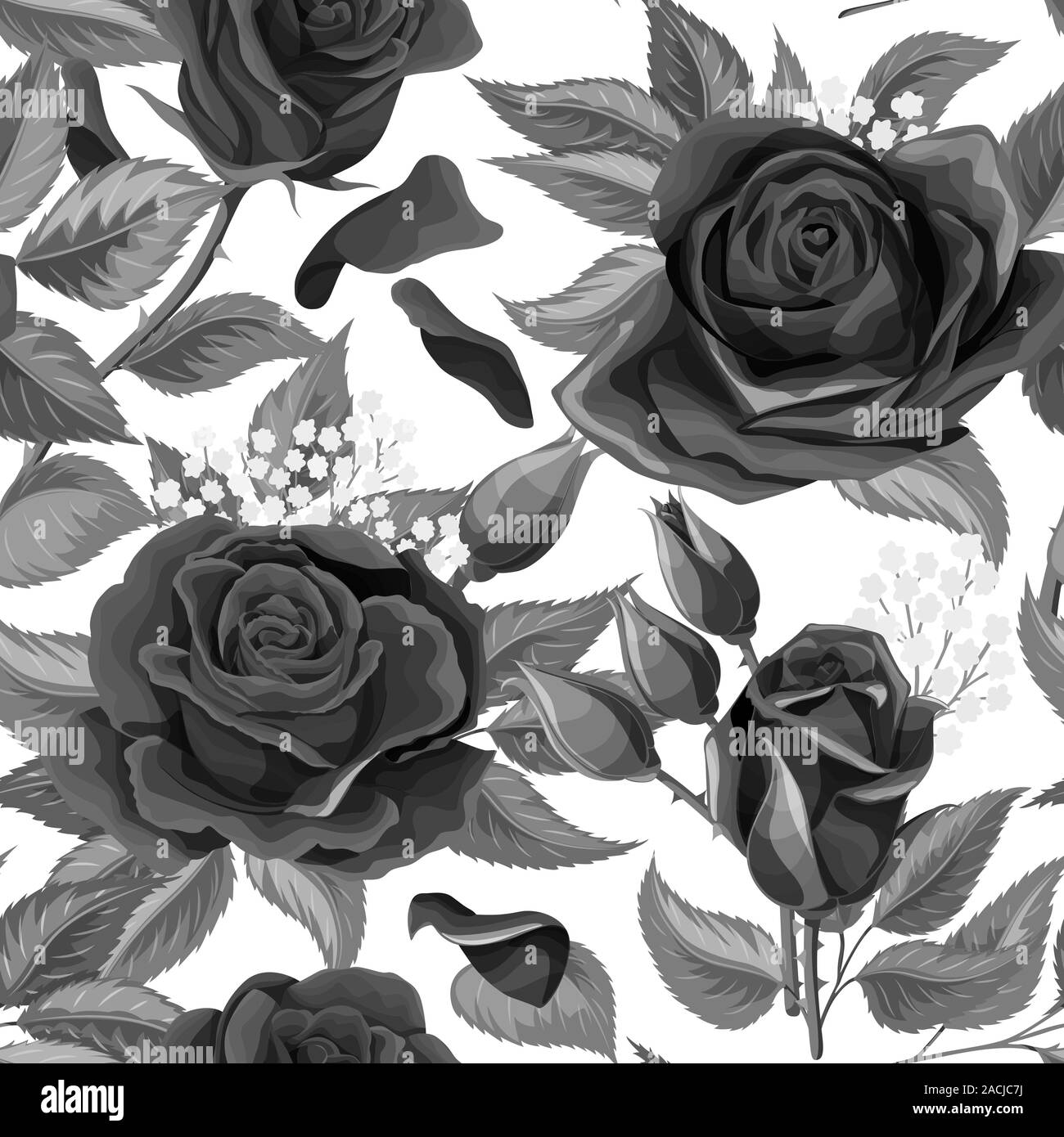 Beautiful black and white monochrome seamless pattern in roses with ...