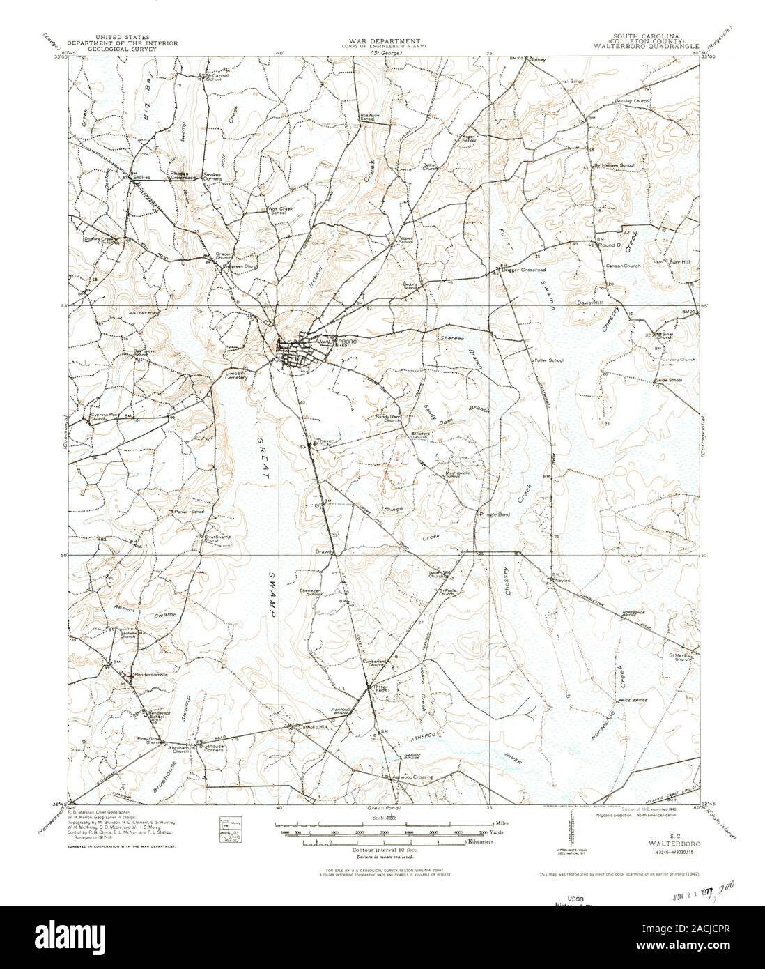 USGS TOPO Map South Carolina SC Walterboro 261973 1918 62500 Restoration Stock Photo