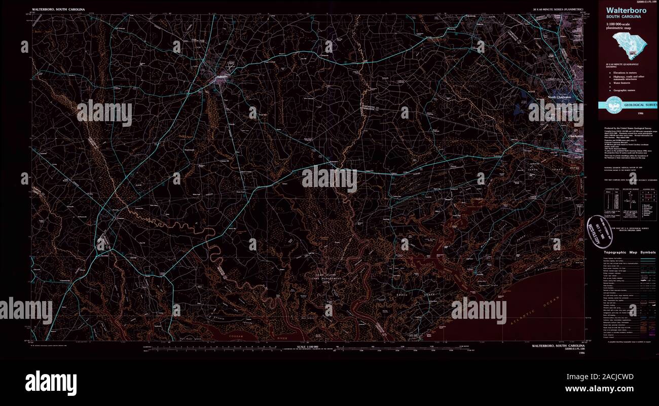 USGS TOPO Map South Carolina SC Walterboro 262021 1986 100000 Inverted Restoration Stock Photo