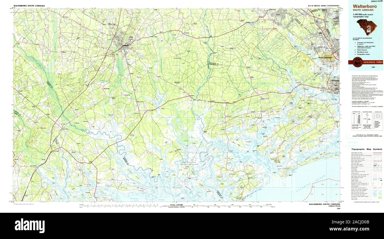 USGS TOPO Map South Carolina SC Walterboro 262022 1990 100000 Restoration Stock Photo