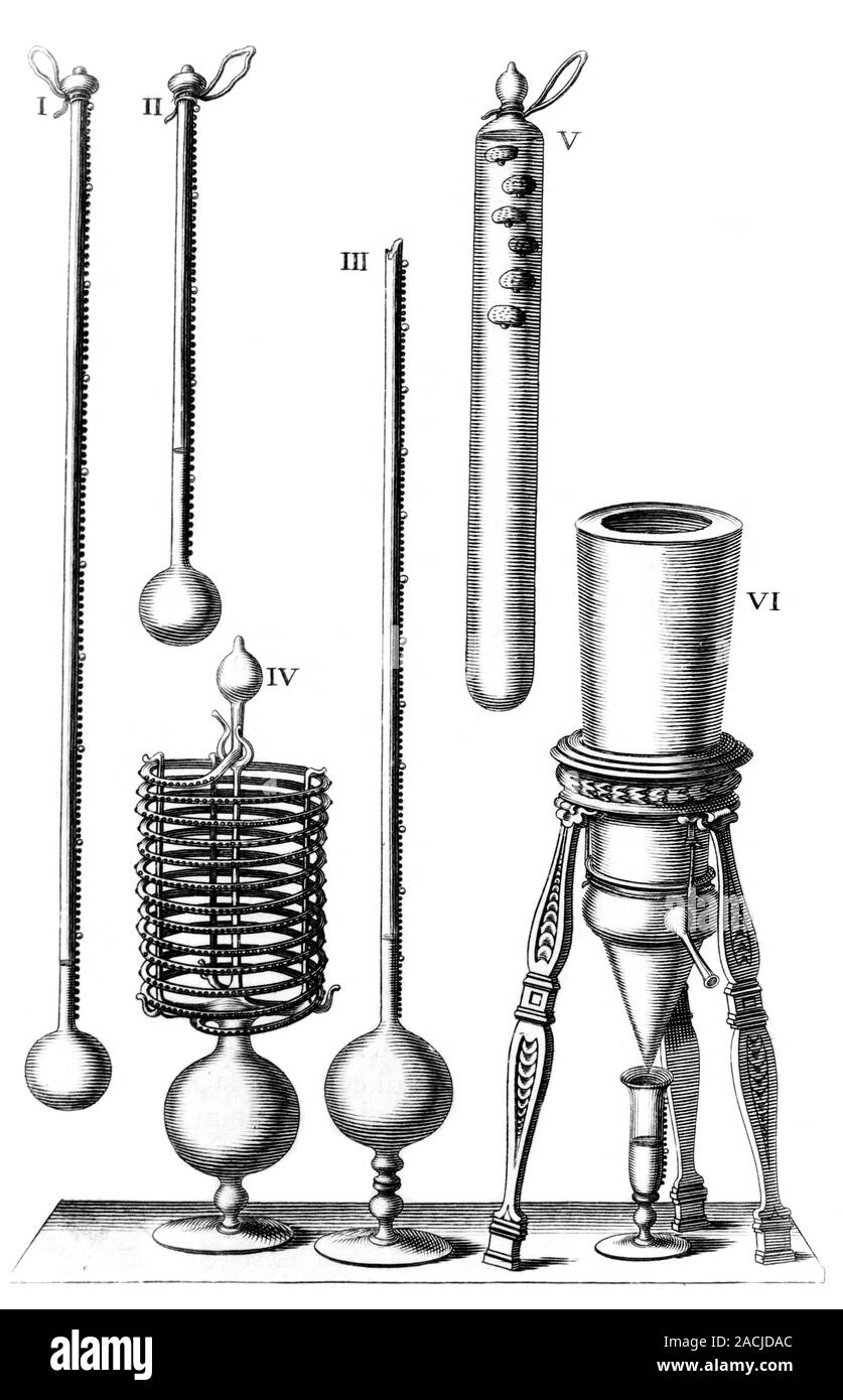 17th Century scientific equipment. Historical artwork showing a