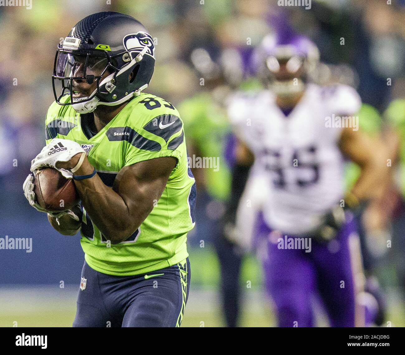 Seattle, United States. 02nd Dec, 2019. Seattle Seahawks wide receiver David Moore (83) catches a 60 yard touchdown pass from Russell Wilson during the third quarter against the Minnesota Vikings at CenturyLink Field in a Monday Night Football game on December 2, 2019 in Seattle, Washington. The Seahawks beat the Vikings 37-30. Photo by Jim Bryant/UPI Credit: UPI/Alamy Live News Stock Photo