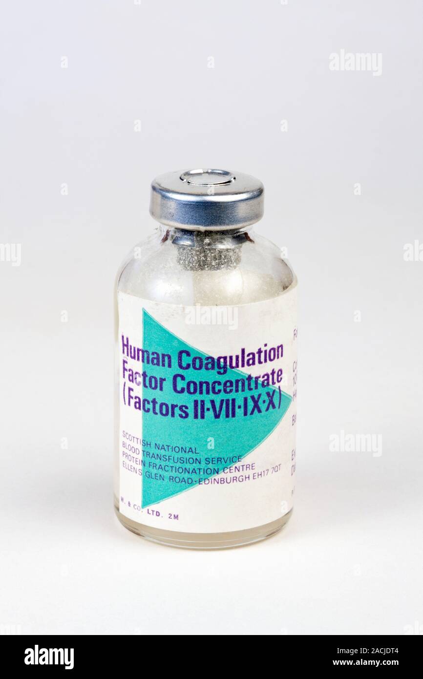 Blood clotting factor concentrate. Bottle of concentrated blood clotting factors produced by the