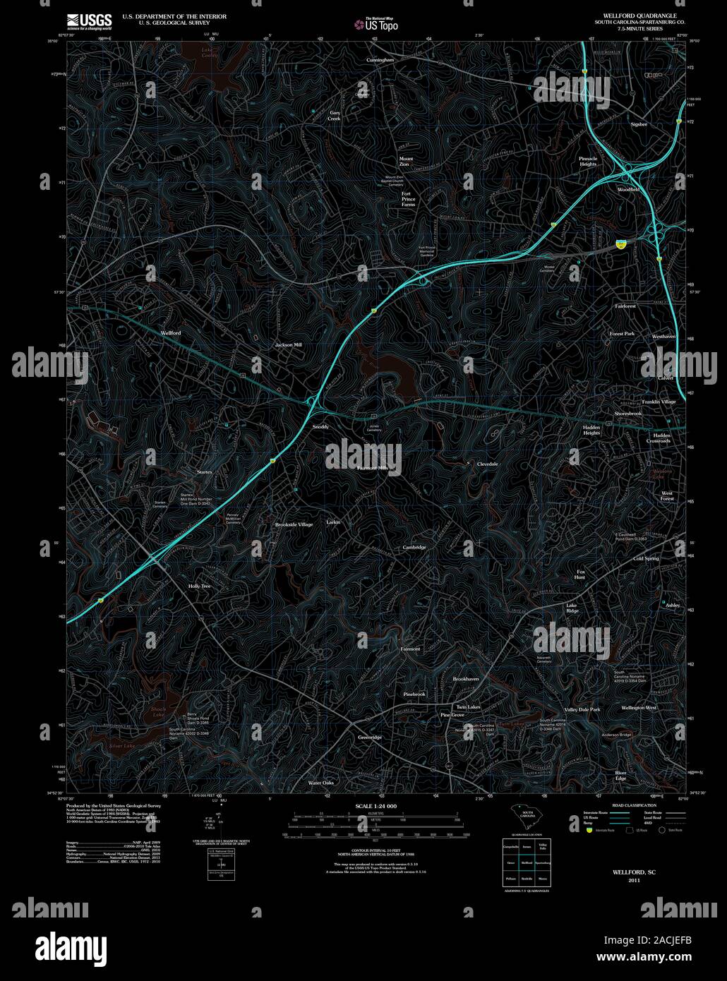 USGS TOPO Map South Carolina SC Wellford 20110823 TM Inverted