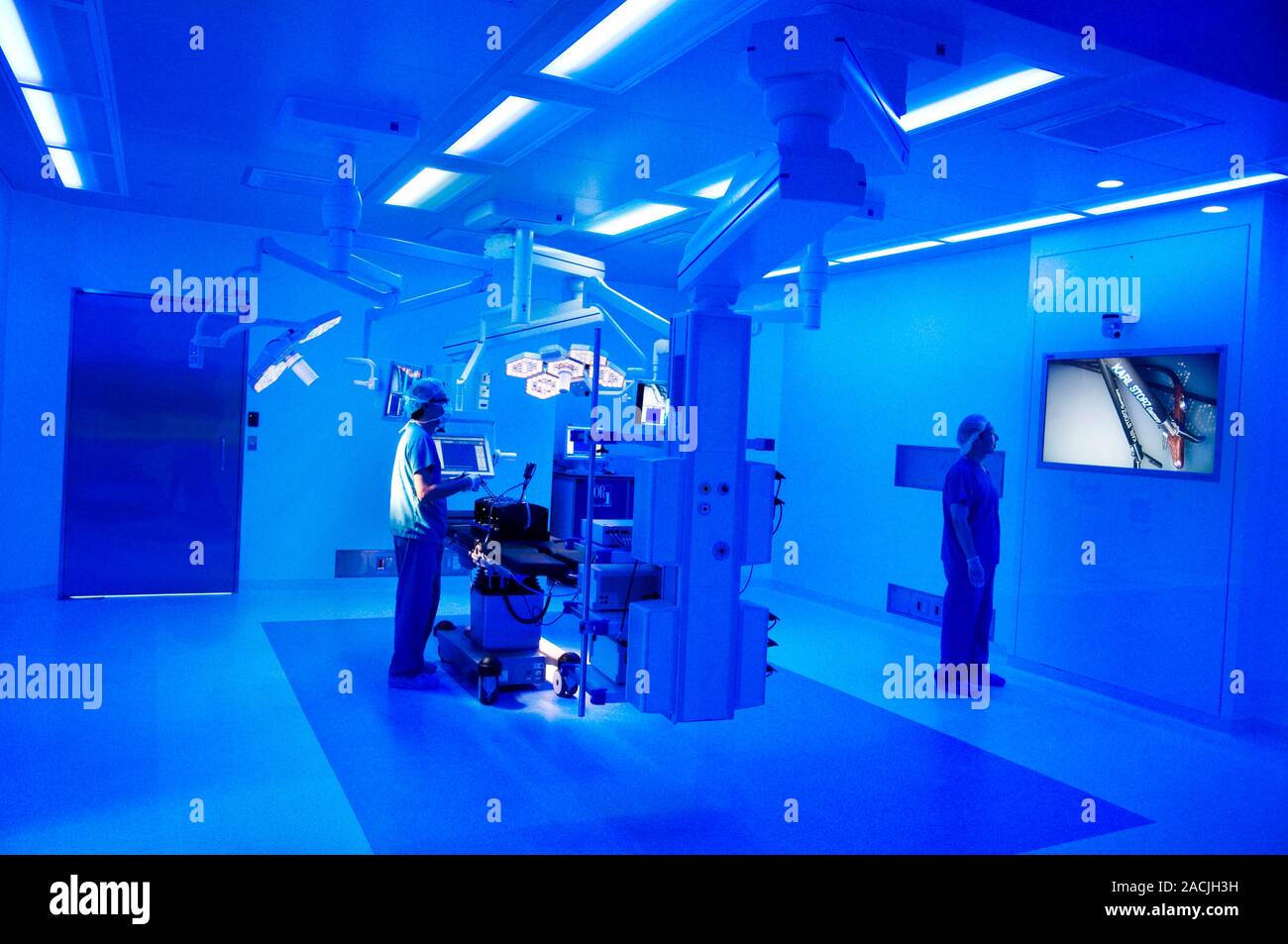 Keyhole surgery training centre. Trainers setting up hightech training