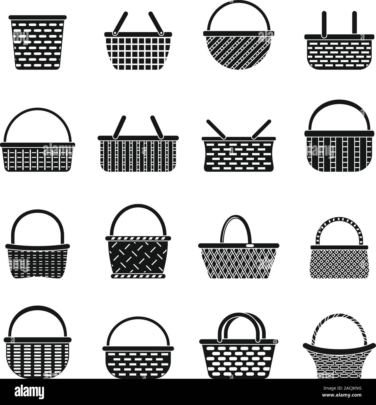 Wicker basket icons set. Simple set of wicker basket vector icons for