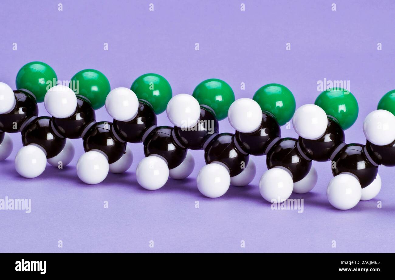 PVC polymer, molecular model. PVC (polyvinyl chloride) is a