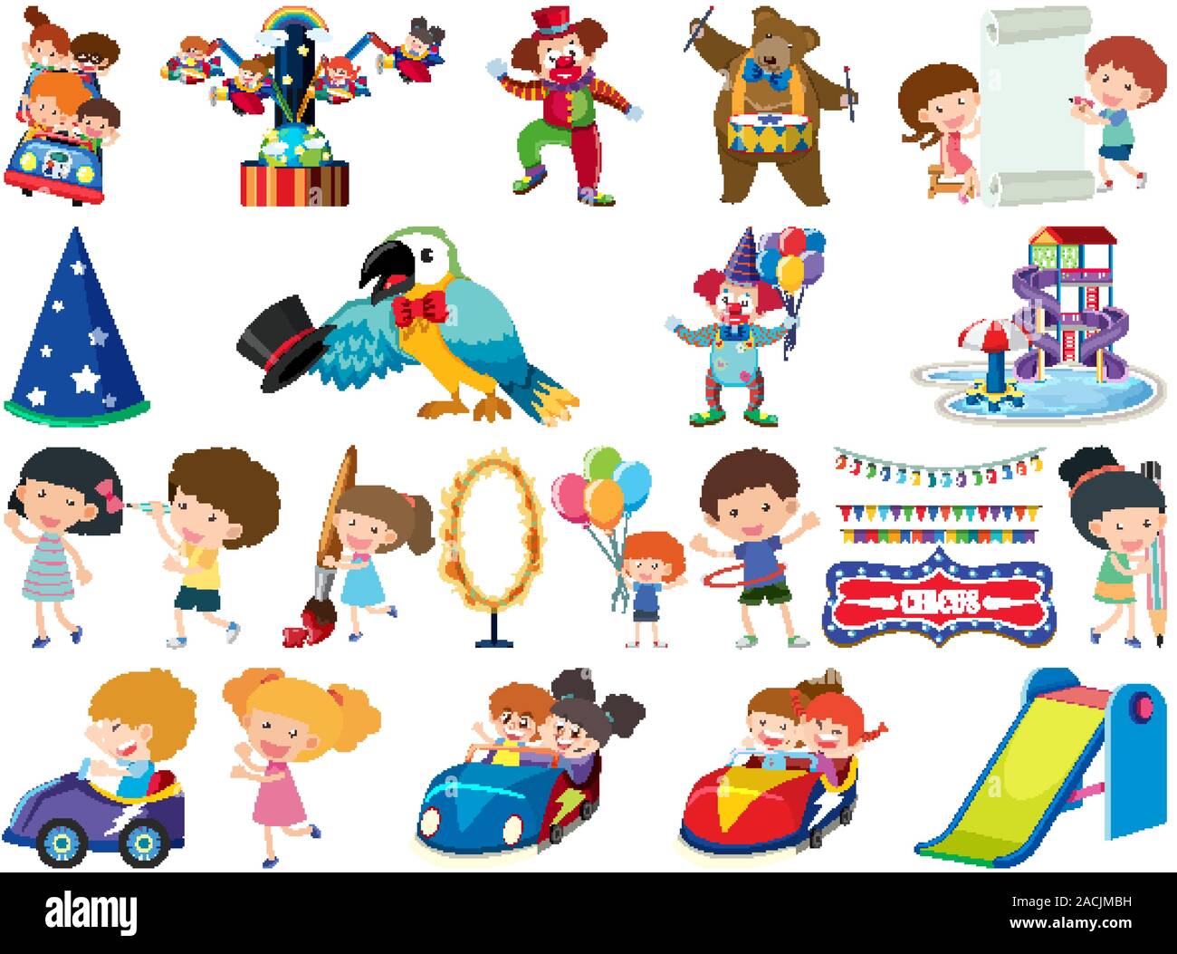 Large set of isolated objects of kids and circus illustration Stock ...