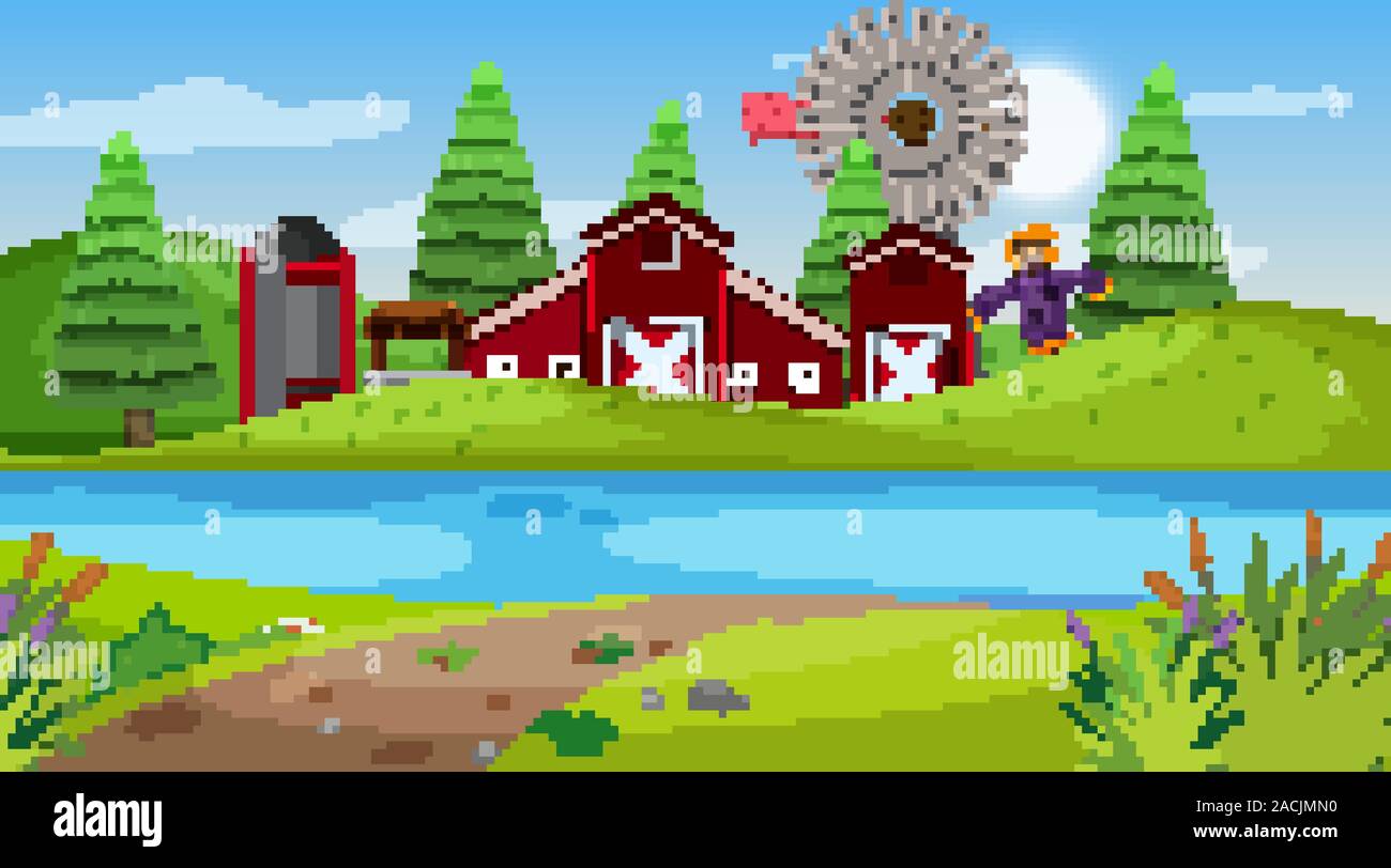 Nature scene with red barn on the farmland illustration Stock Vector