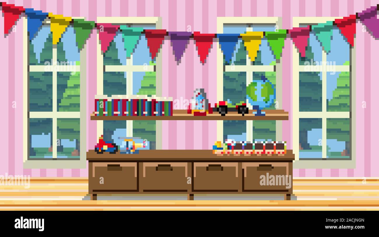 Room with wooden cabinet and many toys illustration Stock Vector Image ...