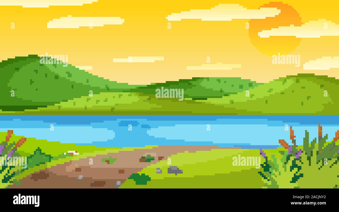 Nature scene with river at sunset illustration Stock Vector Image & Art ...