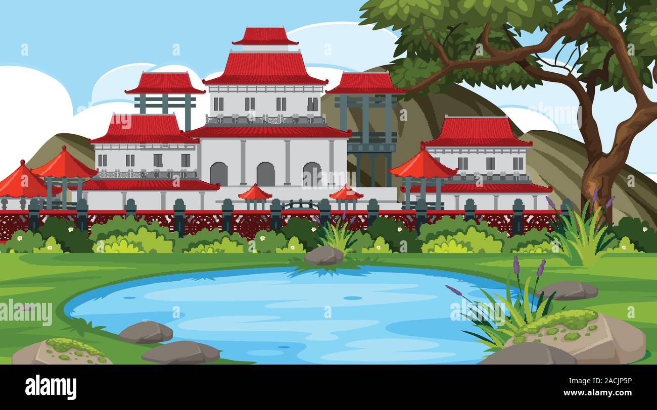An outdoor scene with Asian building illustration Stock Vector Image ...