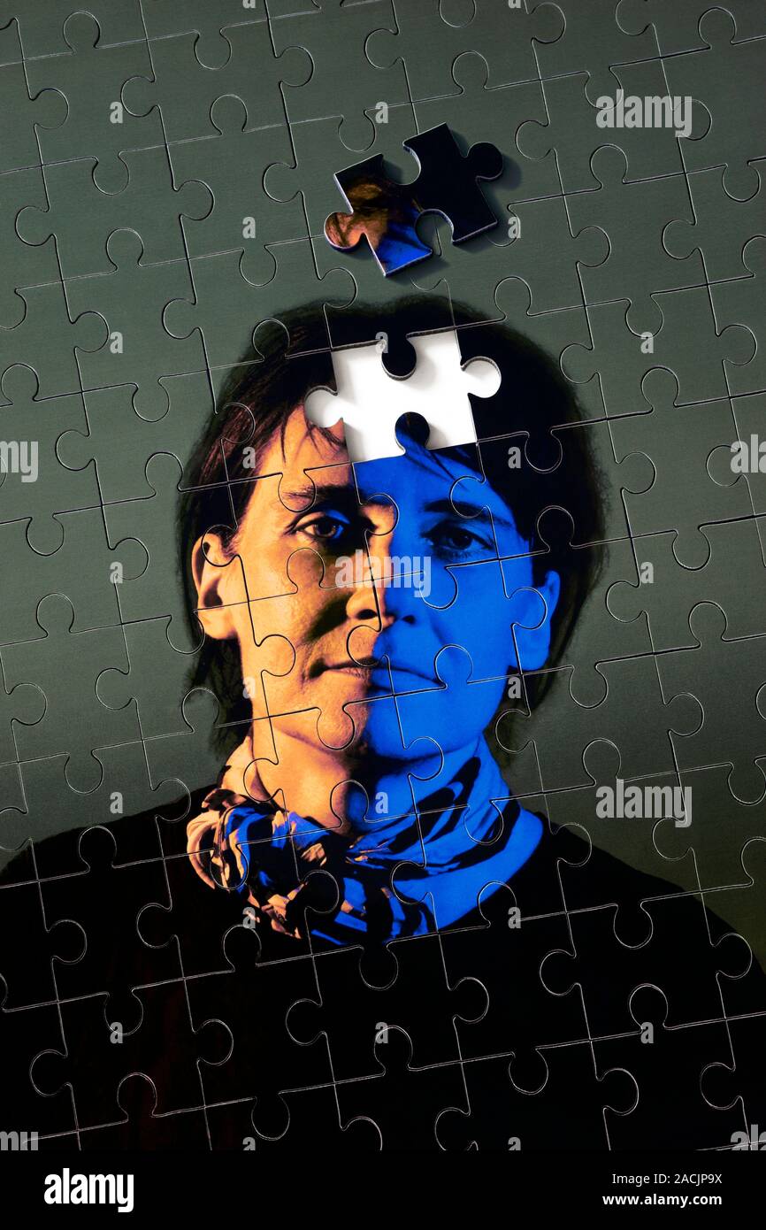 Depression. Conceptual image of a jigsaw puzzle of a woman, with one