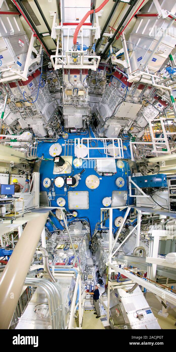 Nuclear fusion research. Target chamber (blue) and three stories of