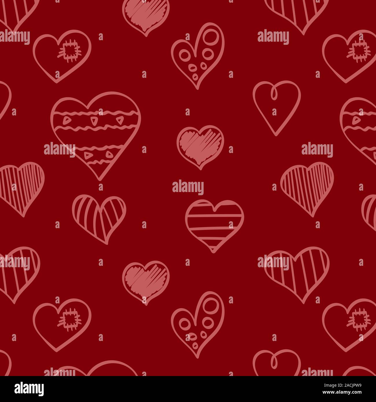 Seamless pattern with hand drawn heart shapes. Dark red backdrop. Vector illustartion. Stock Vector
