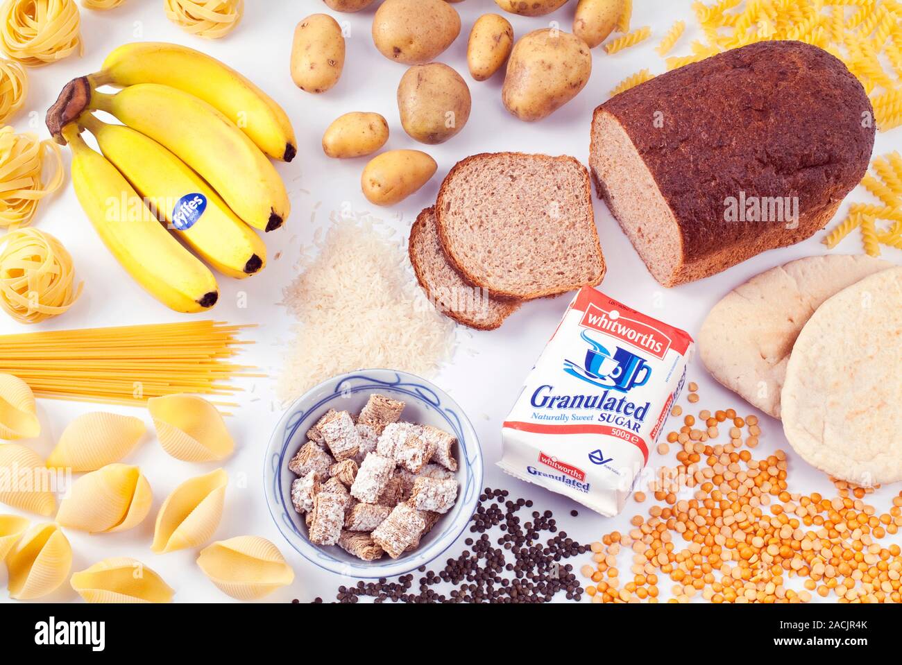 Assorted foods containing carbohydrates. Carbohydrates (mainly starches