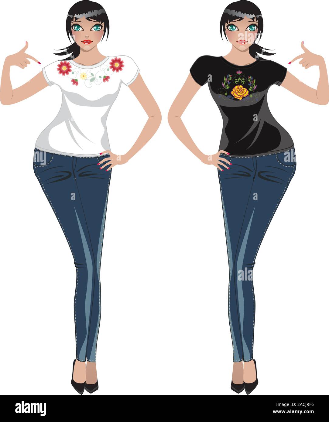 Kilimanjaro udbrud som resultat Fashion cartoon girl in jeans and tshirt with floral embroidery Stock  Vector Image & Art - Alamy