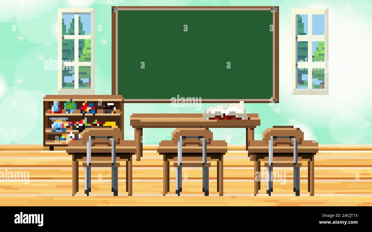 Classroom scene with chalkboard and desks illustration Stock Vector ...