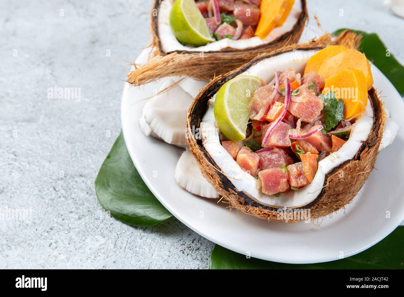 Easter island Tahitian, Hawaiian Tuna Ceviche with sweet potato in
