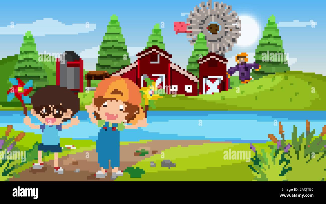 Nature scene with kids on the farm illustration Stock Vector Image ...