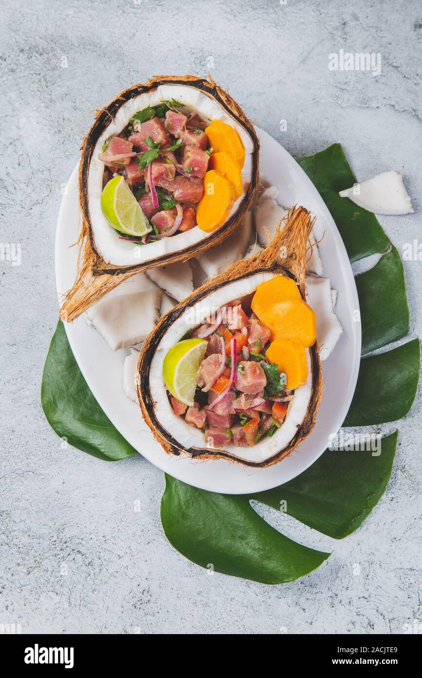 Easter island Tahitian, Hawaiian Tuna Ceviche with sweet potato in