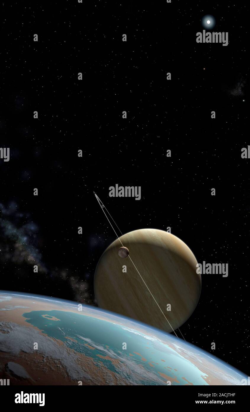 Upsilon Andromedae system. Computer artwork of extrasolar