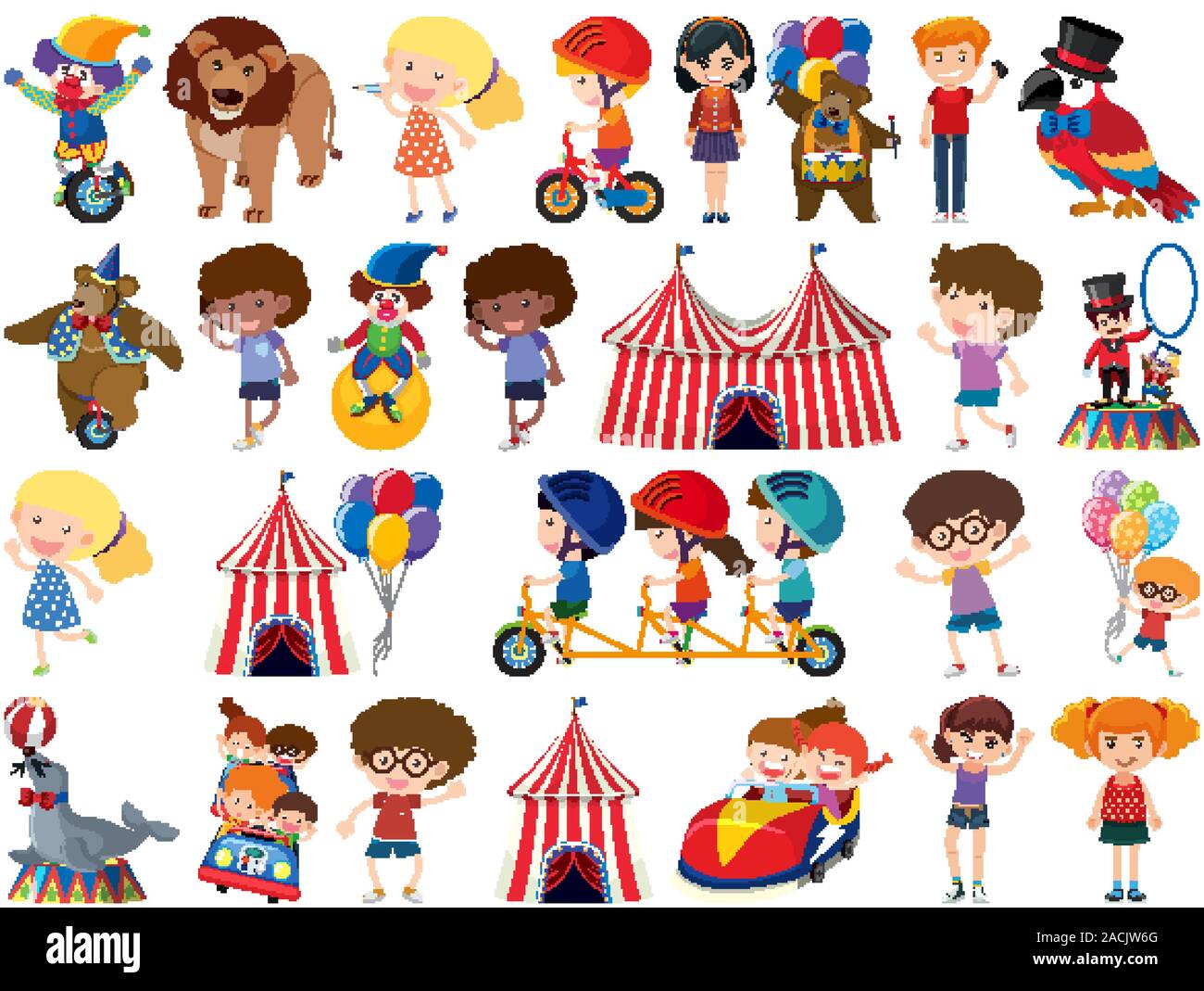 Large set of isolated objects of kids and circus illustration Stock ...