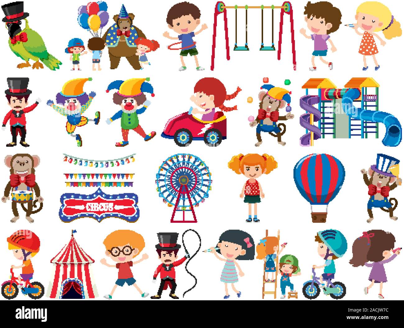 Large set of isolated objects of kids and circus illustration Stock ...